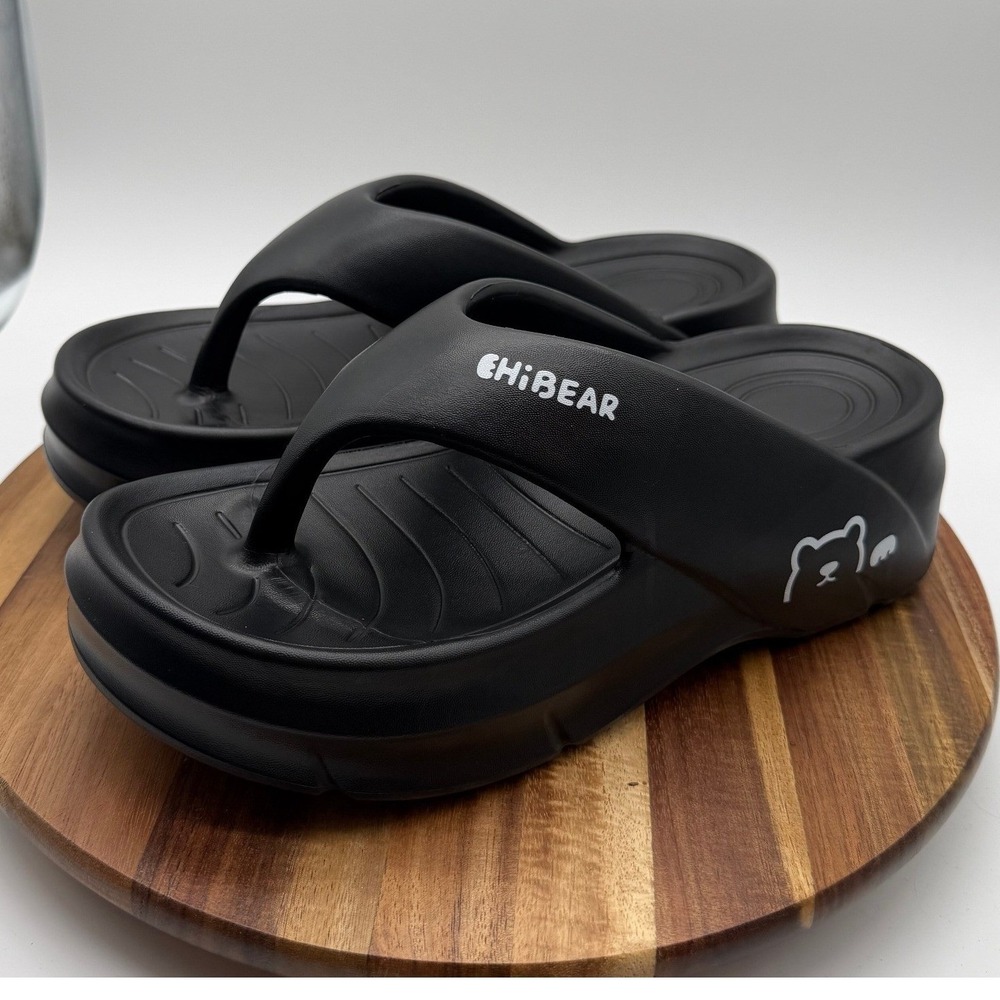 EhiBear Women's US 10-11 EU 41-42 Black Platform Flip Flops Chunky Sandals 1985
